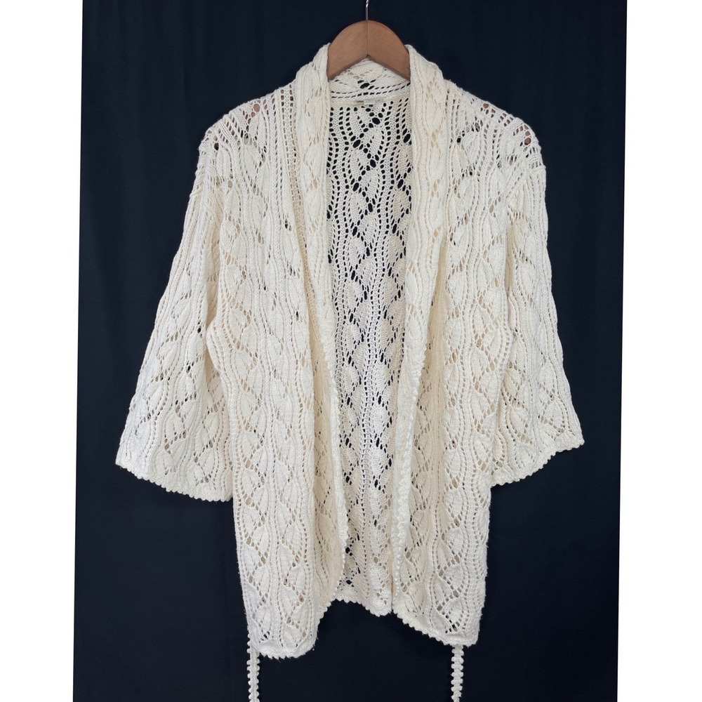 J.Jill Cardigan Pointelle Crochet Tie Waist M Cream Boho Feminine Romantic